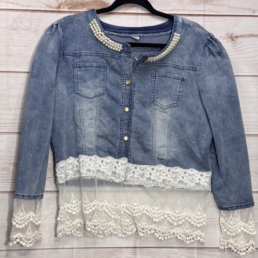 Denim Lace Pearl Jacket Blue Faux Pearl Collar Sheer Lace Hem XXL